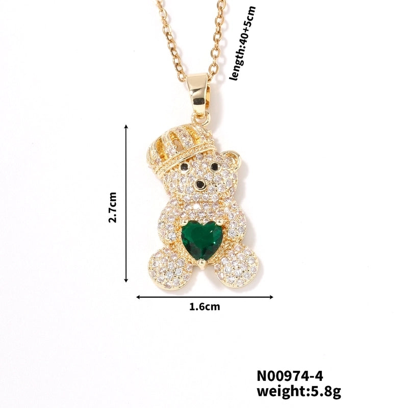 304 Stainless Steel Copper Rhodium Plated Inlay Bear Heart Shape Glass Zircon Pendant Necklace