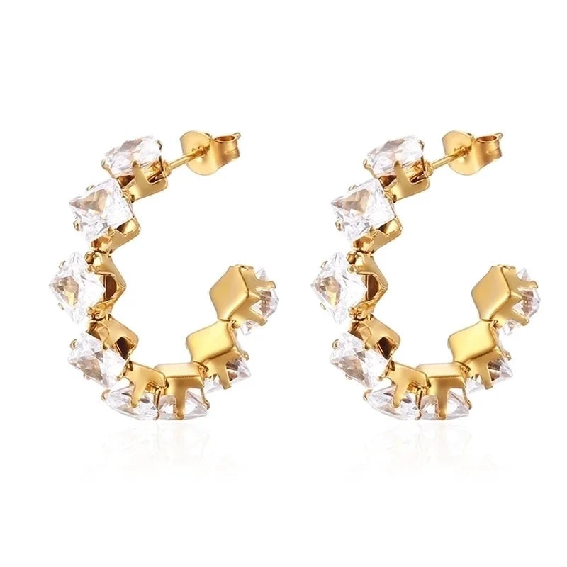 1 Pair IG Style Baroque Style Shiny C Shape Rhombus Inlay 316 Stainless Steel Zircon 18K Gold Plated Ear Studs