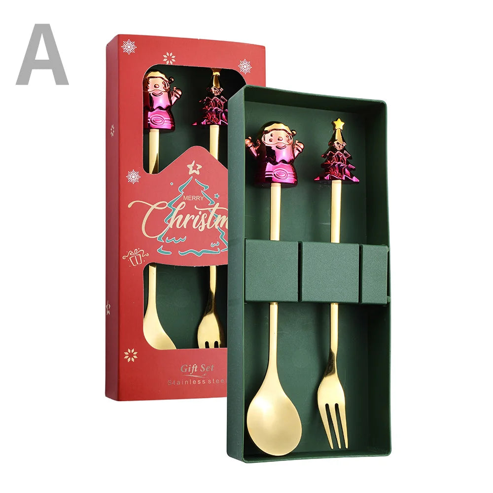 J Christmas Spoon Set Cartoon Colorful Santa Claus Christmas Tree Spoon Fork Coffee Dessert Spoon Gift Box