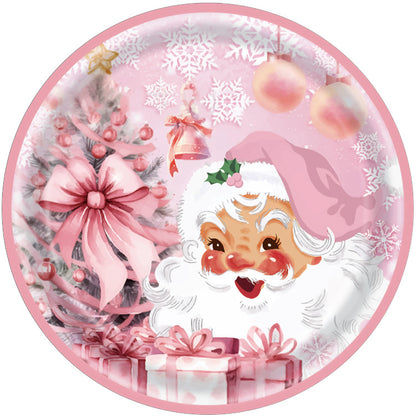 3 Pieces Pink Christmas Theme Party Tableware Set Birthday Pink Christmas Party Tablecloth Paper Plate Paper Towel Paper Cup