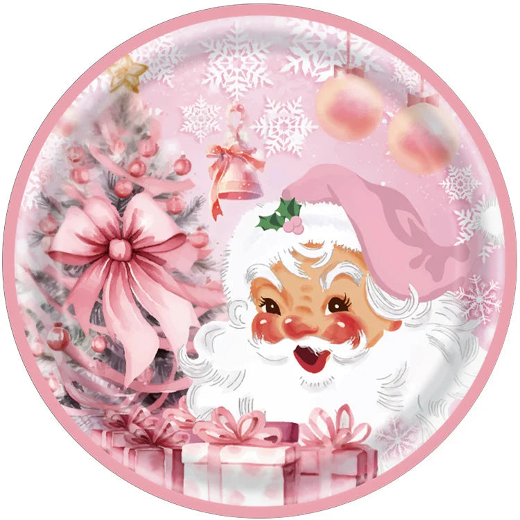 3 Pieces Pink Christmas Theme Party Tableware Set Birthday Pink Christmas Party Tablecloth Paper Plate Paper Towel Paper Cup