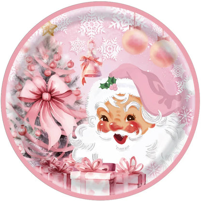3 Pieces Pink Christmas Theme Party Tableware Set Birthday Pink Christmas Party Tablecloth Paper Plate Paper Towel Paper Cup