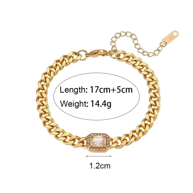 Fashion Square 304 Stainless Steel Zircon 18K Gold Plated Plating Inlay Bracelets Necklace