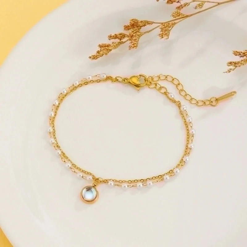 Sweet Rabbit Sun Heart Shape Titanium Steel 18K Gold Plated Artificial Gemstones Bracelets In Bulk