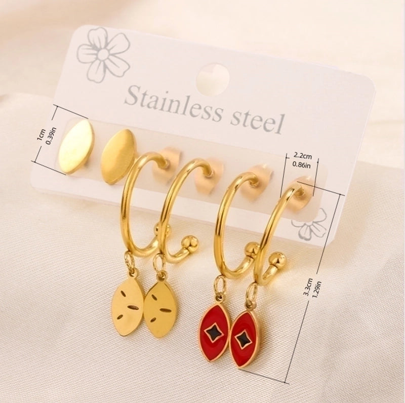 3 Pairs Minimalist Heart Shape Flower Enamel 304 Stainless Steel 18K Gold Plated Drop Earrings Ear Studs