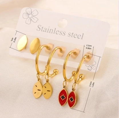 3 Pairs Minimalist Heart Shape Flower Enamel 304 Stainless Steel 18K Gold Plated Drop Earrings Ear Studs