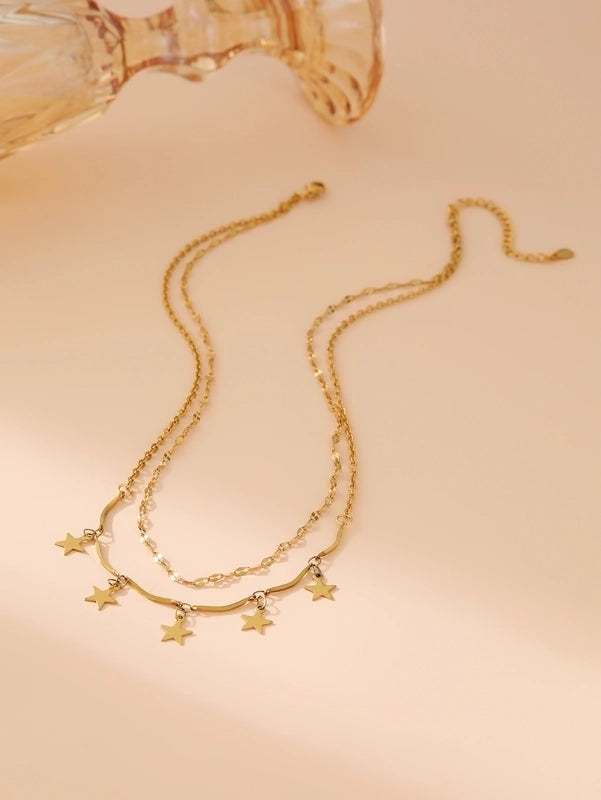 Lady Classic Style IG Style Cross Star Leaves 304 Stainless Steel 18K Gold Plated Double Layer Necklaces