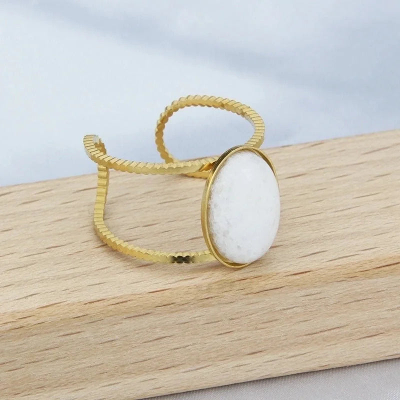 Minimalist Geometric 304 Stainless Steel Natural Stone 18K Gold Plated Hollow Out Open Ring