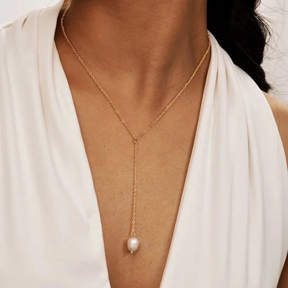 Minimalist Classic Style Solid Color 201 Stainless Steel Artificial Pearls Zircon 18K Gold Plated Layered Long Necklace