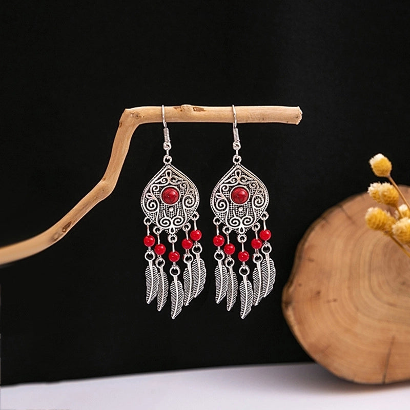 Bohemian Blue Turquoise National Style Earrings Imitation Miao Silver Metal Earrings Vintage Tassel Earrings