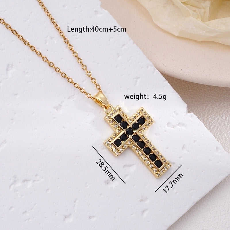 304 Stainless Steel Copper Inlay Cross Zircon Pendant Necklace