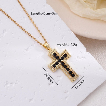 304 Stainless Steel Copper Inlay Cross Zircon Pendant Necklace