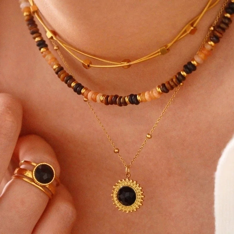 Minimalist Moon Natural Stone Titanium Steel Necklace In Bulk