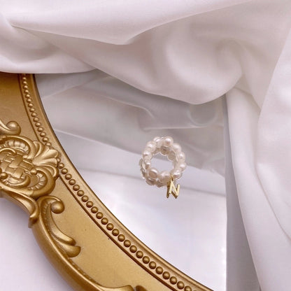 Retro Letter Freshwater Pearl Metal Beaded Plating Rings 1 Piece