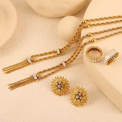 Titanium Steel 18K Gold Plated Lady Minimalist Classic Style Plating Inlay Twist Rhinestones Zircon Jewelry Set