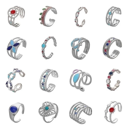 Ethnic Style Sun Star 304 Stainless Steel Artificial Gemstones Rhinestones Enamel Inlay Open Rings