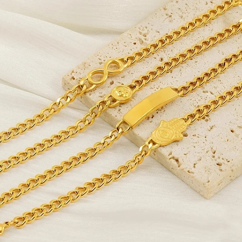 Luxurious Geometric Hand Infinity 304 Stainless Steel 18K Gold Plated Cuban Link Chain Bracelets In Bulk