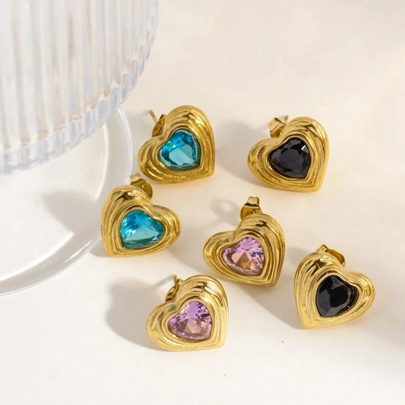 1 Pair IG Style Minimalist Classic Style Heart Shape Inlay 304 Stainless Steel Rhinestones 14K Gold Plated Ear Studs