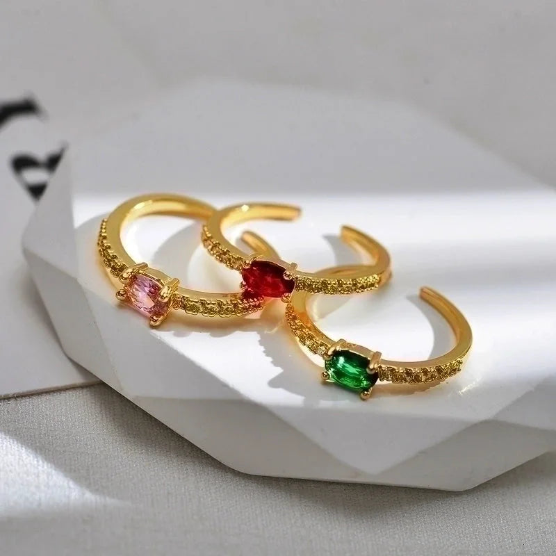 Copper Gold Plated Minimalist Inlay Rectangle Zircon Open Rings