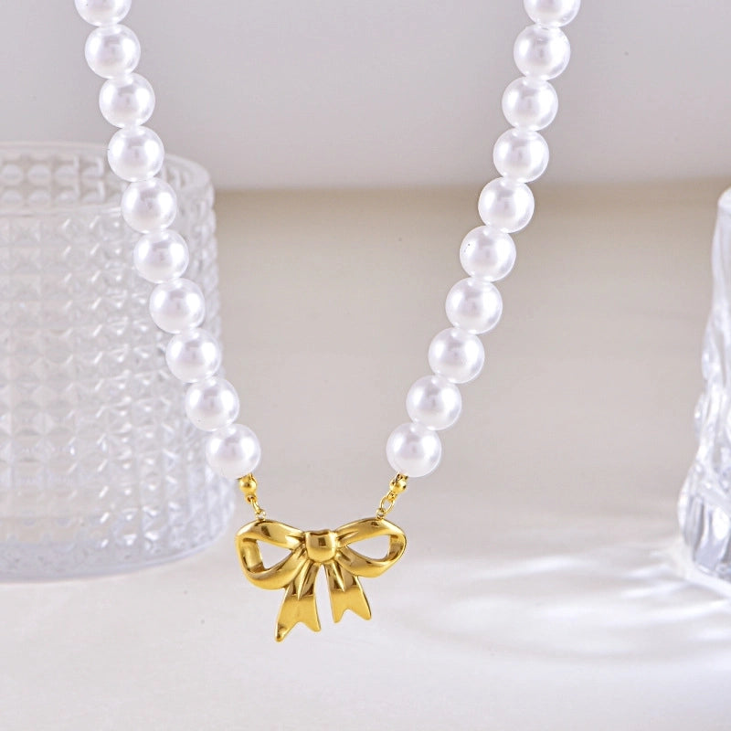 Sweet Minimalist Heart Shape Bow Knot Pearl Zircon Imitation Pearl Titanium Steel Necklace