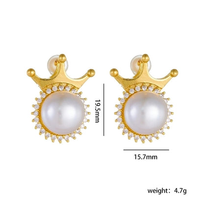 304 Stainless Steel Copper Inlay Crown Artificial Pearls Earrings Necklace