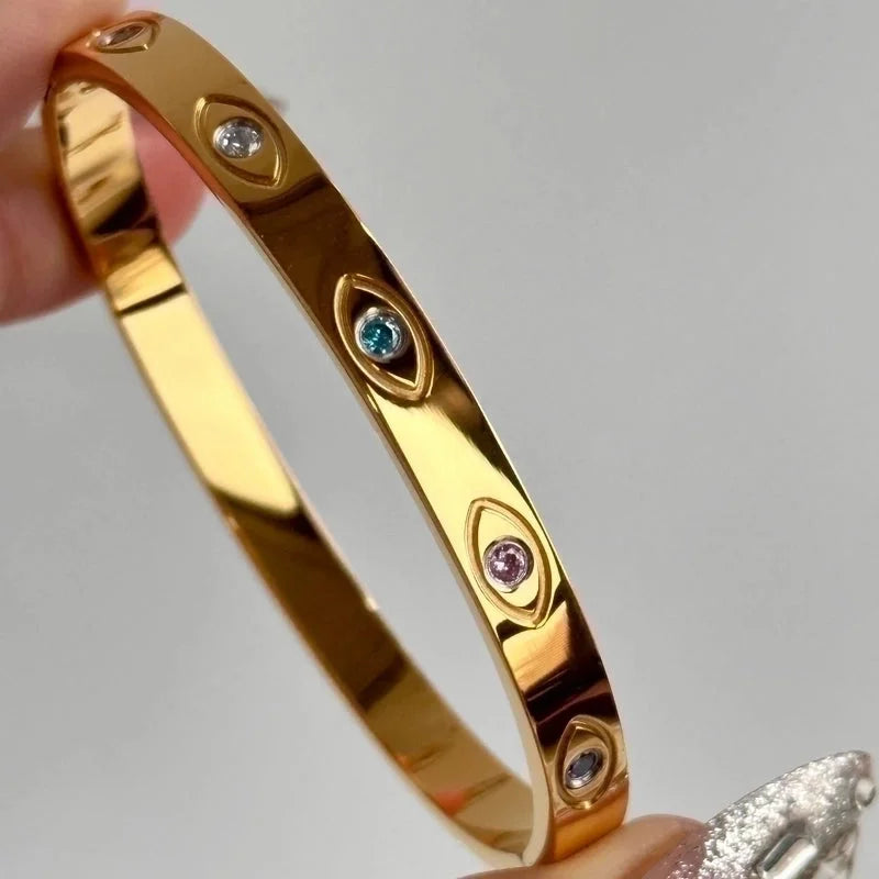 Minimalist Round Titanium Steel Plating Inlay Zircon 18k Gold Plated Bangle