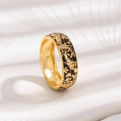 2 Pieces Copper 18K Gold Plated Chinoiserie Vintage Style Lady Epoxy Inlay Round Monogram Zircon Rings