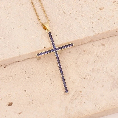 Stainless Steel Copper 18K Gold Plated Fashion Inlay Cross Zircon Pendant Necklace
