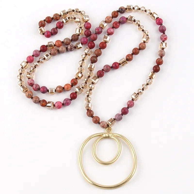 4 Pieces Retro Geometric Semi-precious Stone Alloy Glass Beaded Chain Pendant Necklace In Bulk Natural Stone Necklace