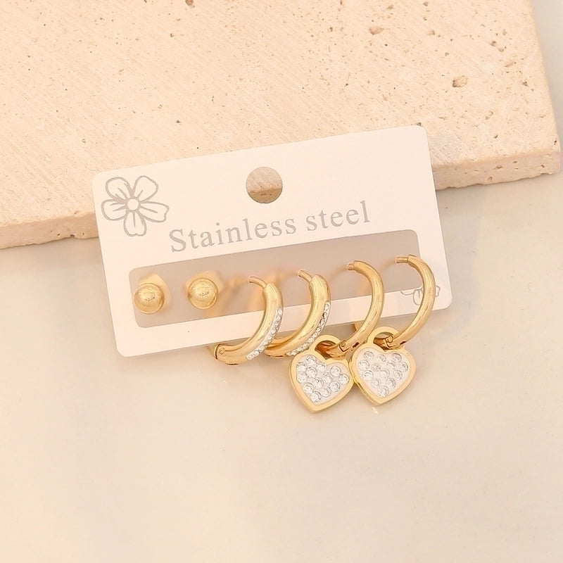 3 Pairs Minimalist Classic Style Heart Shape Butterfly Plating Inlay 304 Stainless Steel Zircon 18K Gold Plated Drop Earrings