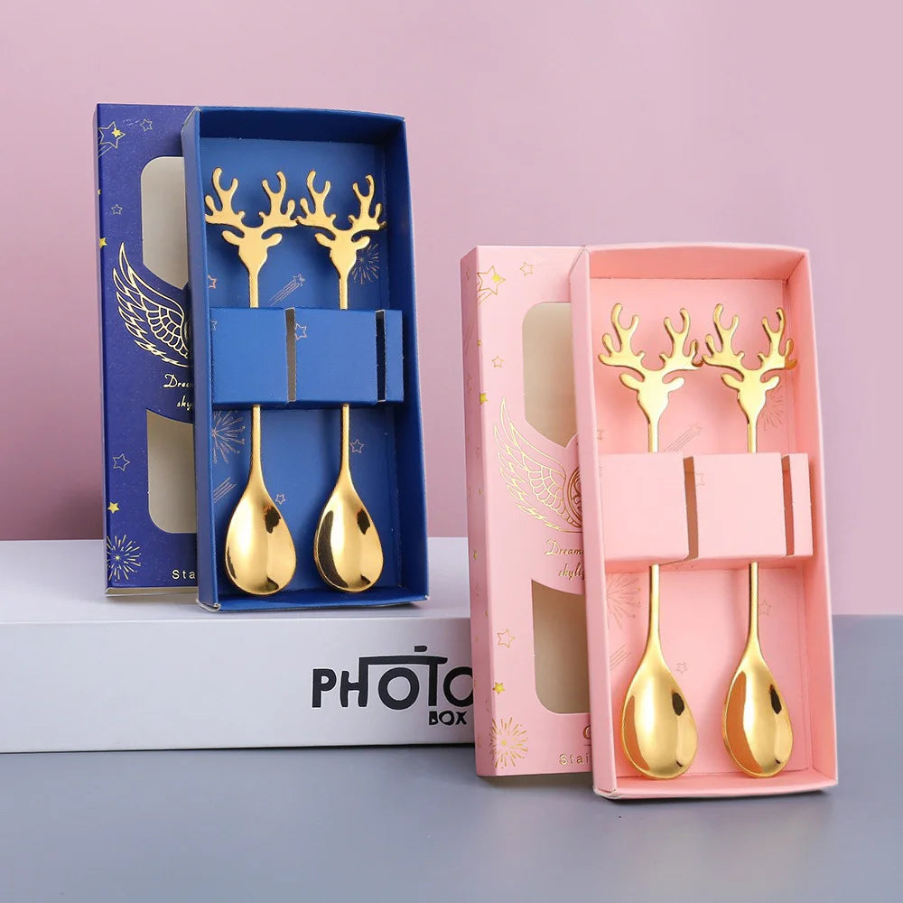 J304 Stainless Steel Elk Spoon And Fork Set Christmas Spoon And Fork Set Coffee Stirring Spoon Dessert Christmas Spoon