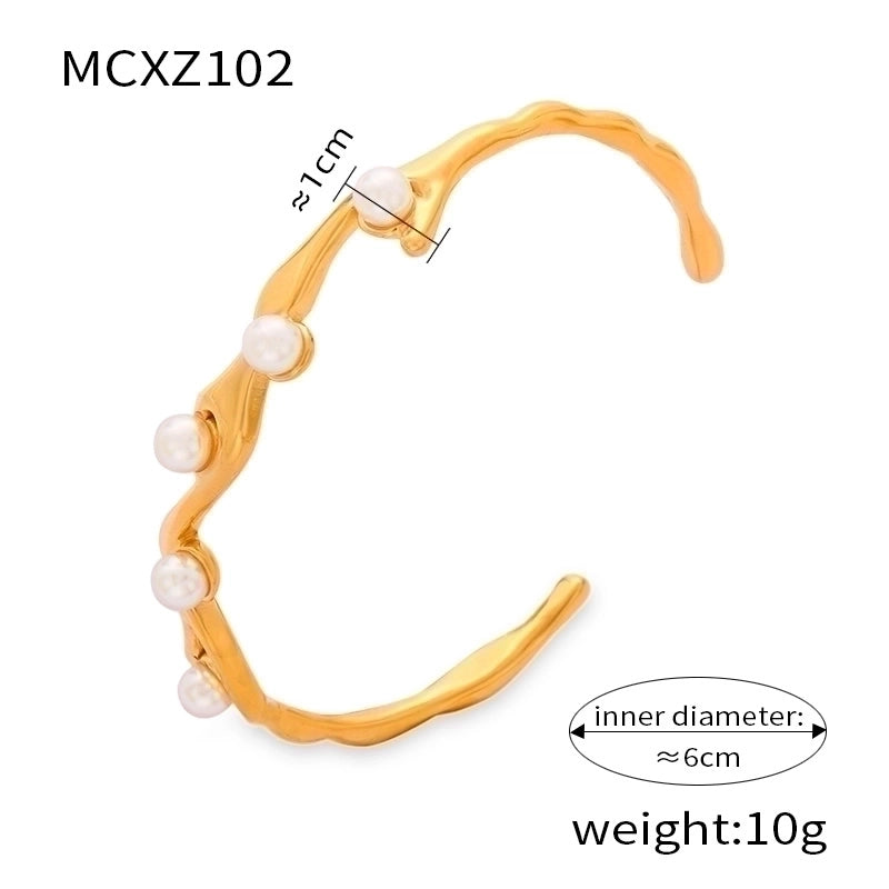 Casual Minimalist Streetwear Round Spray Ball Titanium Steel 18K Gold Plated Artificial Pearls Rhinestones Bangle In Bulk