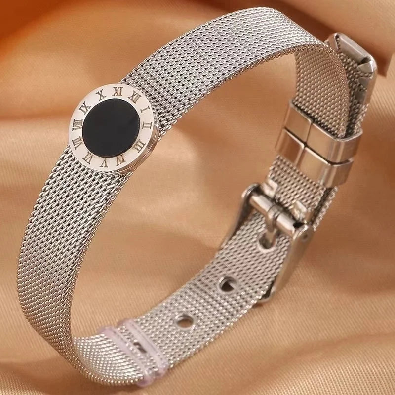 Vintage Style Classic Style Roman Style Roman Numeral Titanium Steel 18K Gold Plated Bangle In Bulk Stainless Steel Bracelets