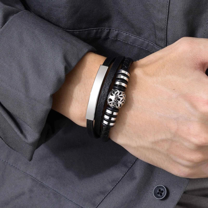 Casual Retro Lucky Tree 304 Stainless Steel Pu Leather Layered Men'S Bangle