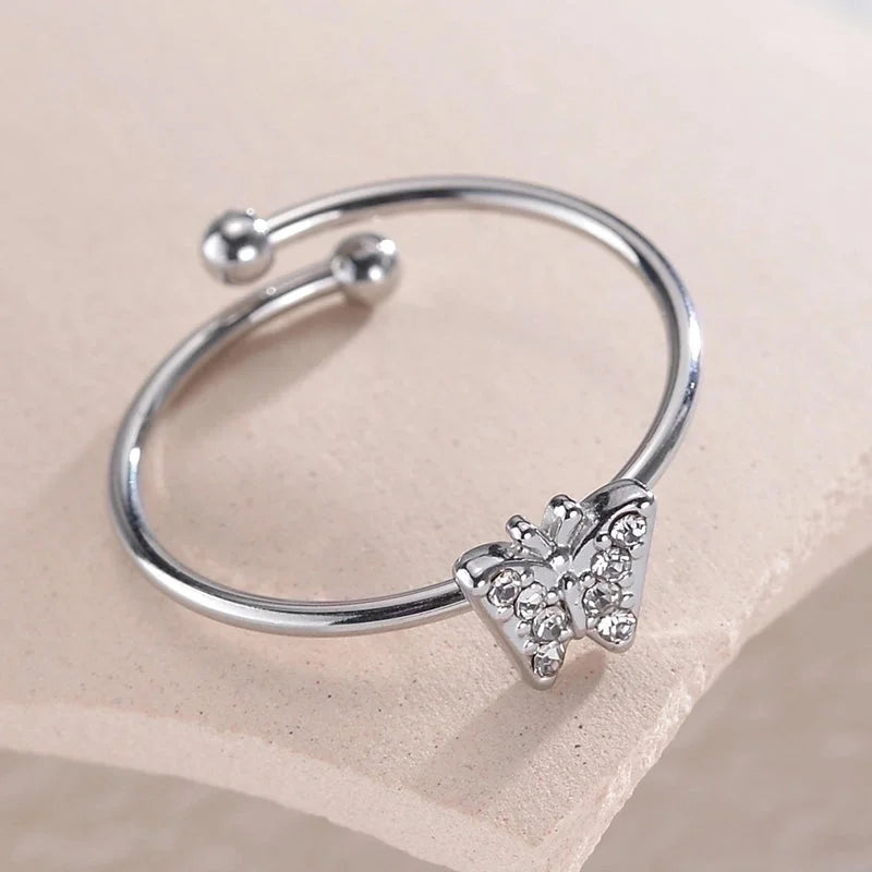 Minimalist Classic Style Butterfly Stainless Steel Plating Inlay Rhinestones 14k Gold Plated Open Rings