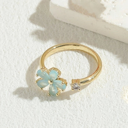 Minimalist Classic Style Round Flower Copper Asymmetrical Plating Inlay Zircon 14k Gold Plated Open Rings