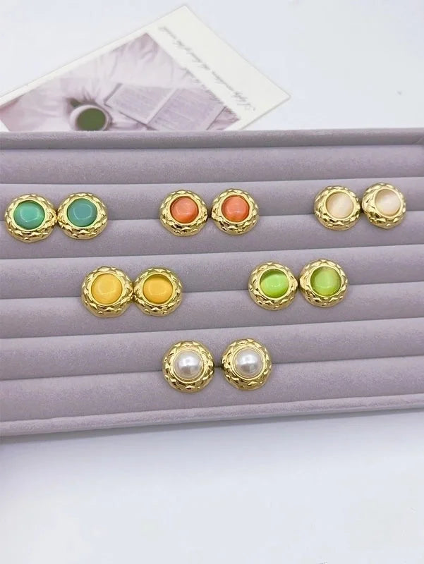 1 Pair Elegant French Style Round Inlay 304 Stainless Steel Artificial Gemstones Natural Stone Ear Studs