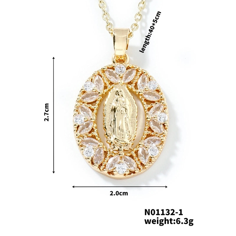 Vintage Style Classic Style Geometric Round Virgin Mary 304 Stainless Steel Copper Zircon K Gold Plated Inlay Pendant Necklace