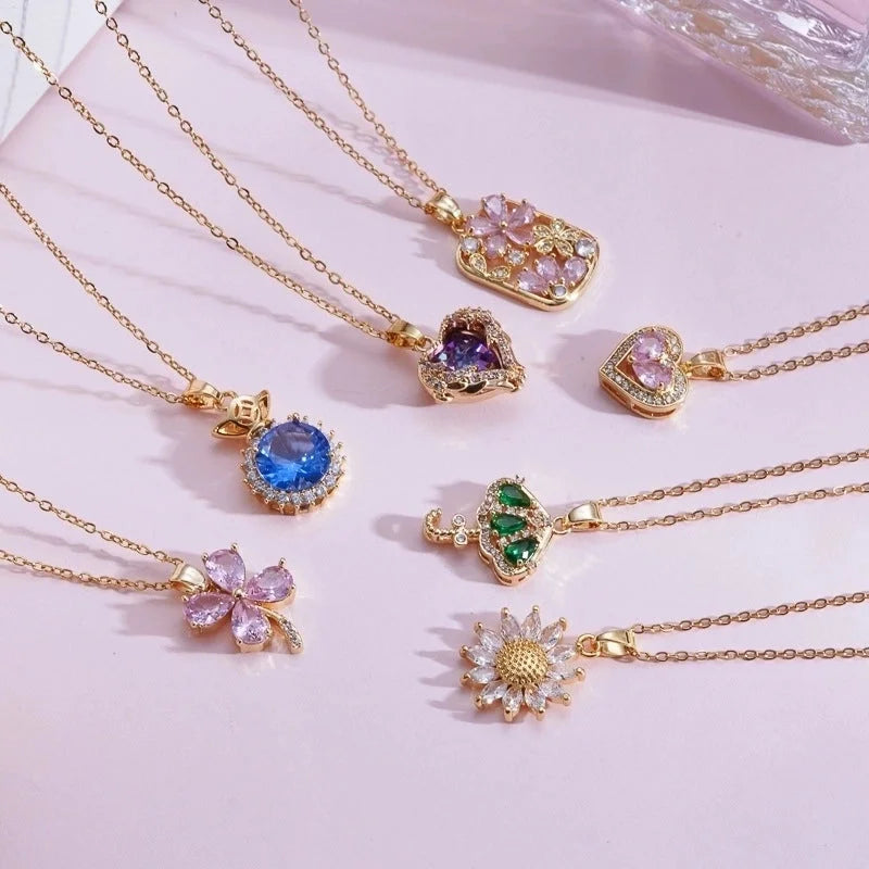 Titanium Steel Copper Plating Heart Shape Flower Umbrella Pendant Necklace