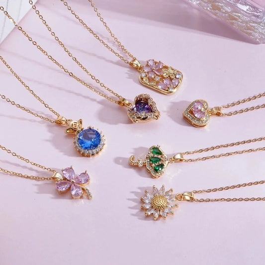 Titanium Steel Copper Plating Heart Shape Flower Umbrella Pendant Necklace