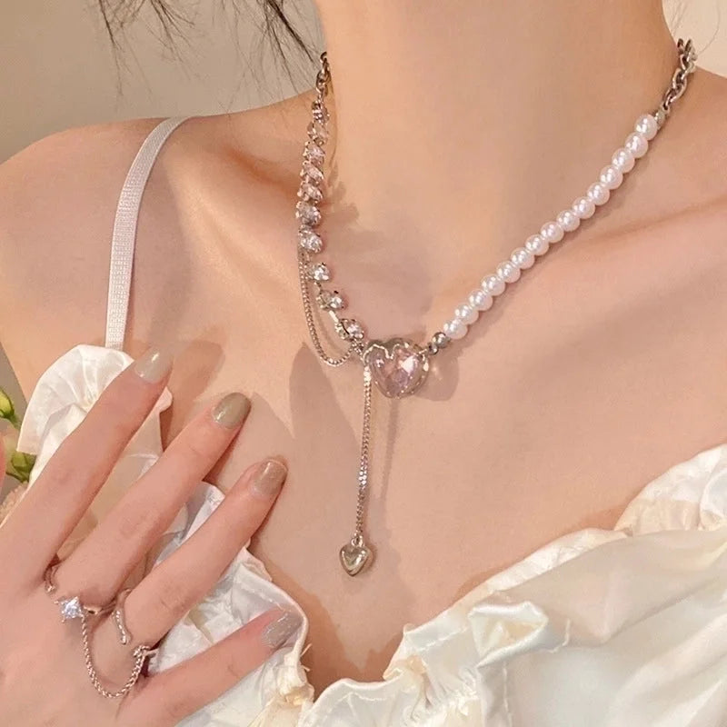 Fashion Heart Shape Titanium Steel Beaded Zircon Layered Necklaces 1 Piece