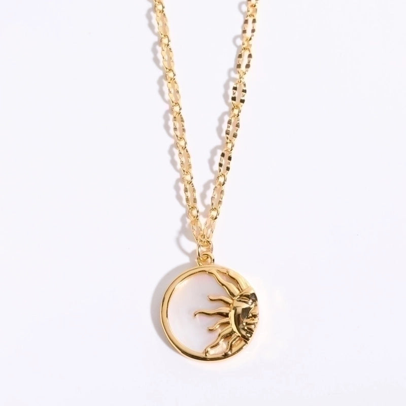 304 Stainless Steel 18K Gold Plated Retro Enamel Plating Sun Moon Shell Pendant Necklace