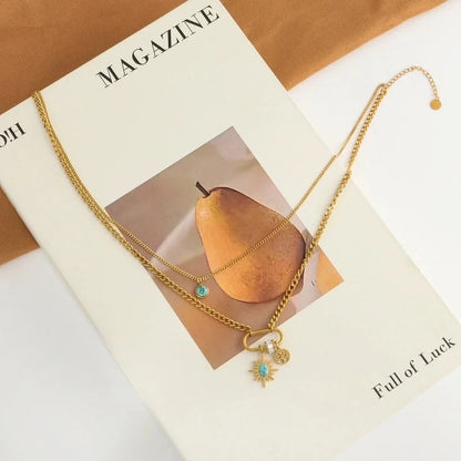 304 Stainless Steel 18K Gold Plated Elegant Lady Streetwear Plating Inlay Sun Turquoise Zircon Double Layer Necklaces Pendant Necklace