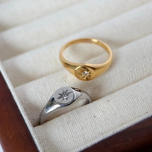 Minimalist Classic Style Star Titanium Steel Inlay Artificial Gemstones Rings