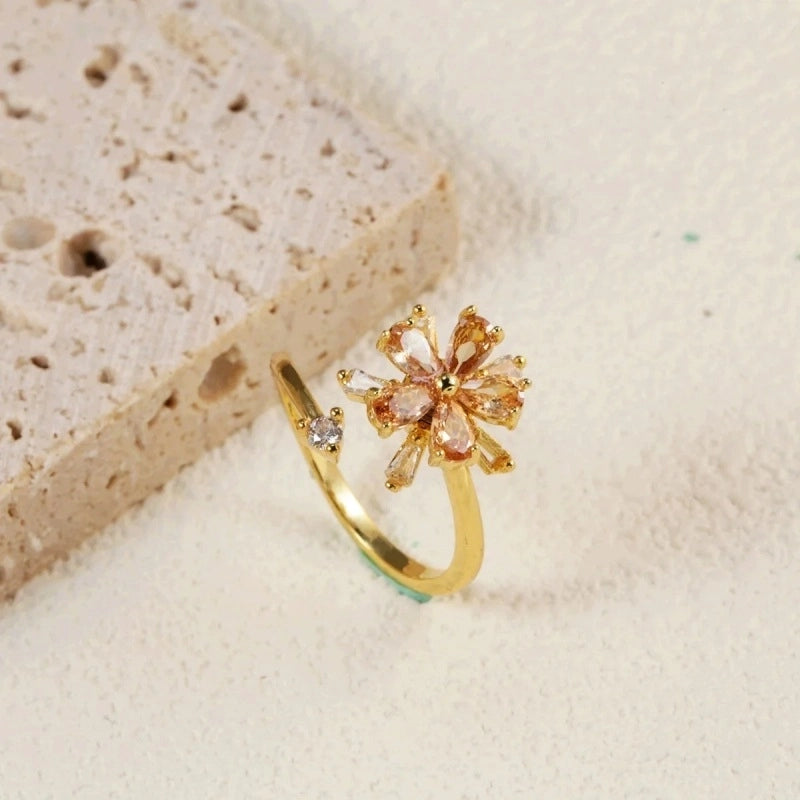 Casual Elegant Flower Copper Zircon Open Rings