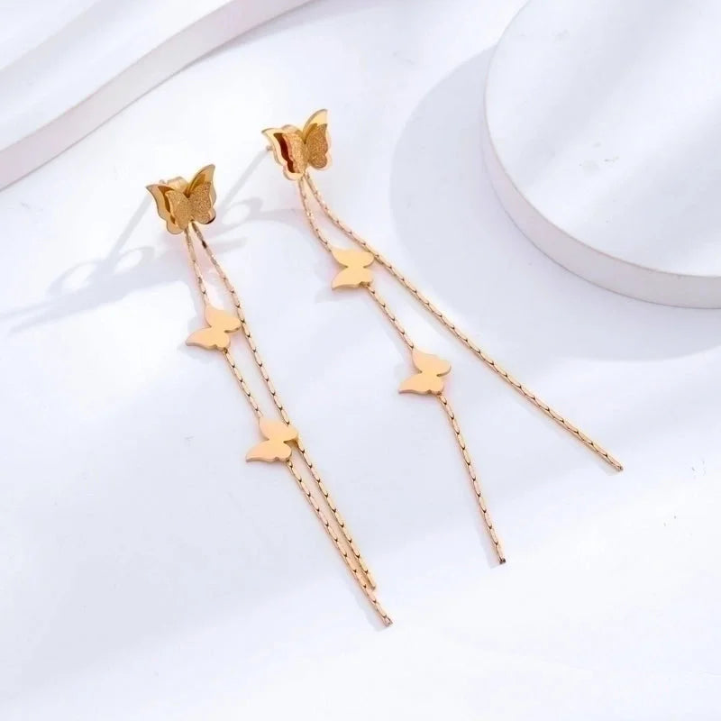 5 Pieces Elegant Sweet Heart Shape Butterfly Titanium Steel Inlay Zircon 24k Gold Plated Drop Earrings