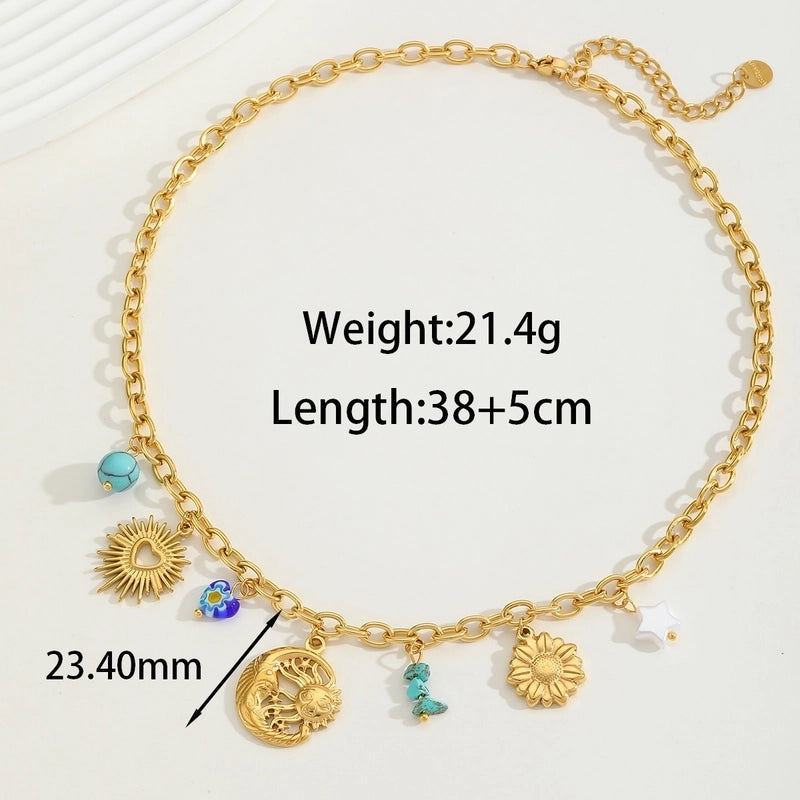 Elegant Exaggerated Vacation Geometric Cross Sun 304 Stainless Steel Imitation Pearl 18K Gold Plated Inlay Multi Charms Necklace