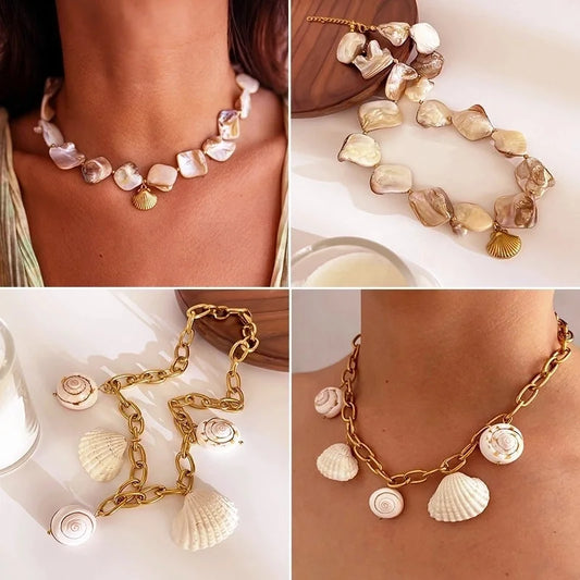 Vacation Marine Style Conch Shell 316L Stainless Steel Natural Shell 18K Gold Plated Stainless Steel Necklaces