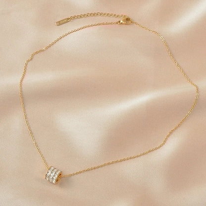 Sweet Minimalist Round Chinese Character Flower Titanium Steel Inlay Rhinestones Shell Pendant Necklace