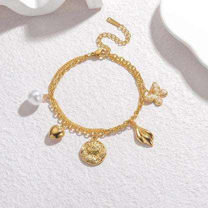 Classic Style Butterfly 304 Stainless Steel 18K Gold Plated Cuban Link Chain Curb Chain Multi Charms Bracelet In Bulk